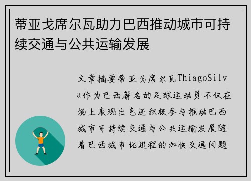 蒂亚戈席尔瓦助力巴西推动城市可持续交通与公共运输发展