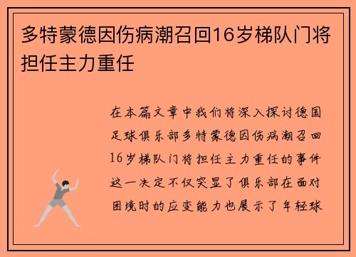 多特蒙德因伤病潮召回16岁梯队门将担任主力重任