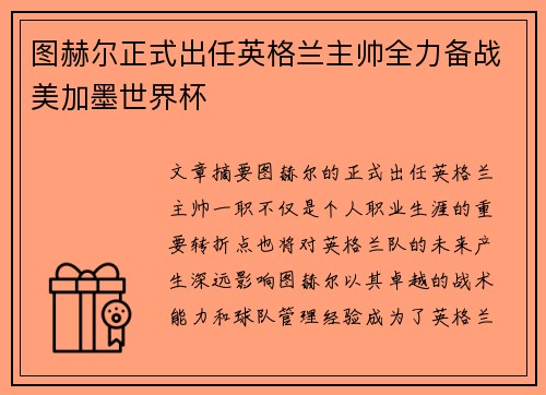 图赫尔正式出任英格兰主帅全力备战美加墨世界杯